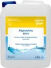 A white plastic jug of pool chemical, with a yellow and blue label. Produktbild-Vorschau