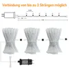 Diagram showing how to connect multiple strands of LED lights and a photograph of three bundled strands of LED lights with a power adapter. Produktbild-Vorschau