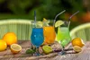 Three colorful cocktails on a wooden table with fruits and greenery in the background. Náhled obrázku produktu