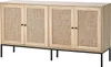 A light wood sideboard with woven cane doors and black metal legs, presented against a white background. Anteprima dell’immagine prodotto