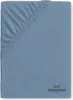 A close-up view of a blue fitted sheet, showing the elasticized corner.