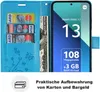 A blue wallet-style phone case with cards and money inserted, next to a smartphone displaying product information. Produktbild-Vorschau