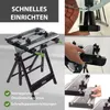 A collage of images showing a foldable workbench and close-ups of its features. Produktbild-Vorschau