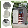 A garden shed with its door open, showing storage shelves inside. There are callouts highlighting features. Produktbild-Vorschau