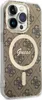 A close-up of a phone case with a repeating Guess logo pattern and a circular magnetic charging area. Anteprima dell’immagine prodotto