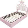 A pink twin bed frame with a crown-shaped headboard featuring LED lighting. Produktbild-Vorschau
