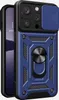 A blue phone case with a camera cover and a ring holder is shown. Produktbild-Vorschau