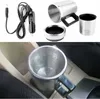 A collage showing a car electric kettle and its components, and a close-up of the kettle in a car's cup holder. Produktbild-Vorschau