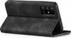 A black flip cover case for a smartphone is shown from a diagonal, slightly elevated angle, with the cover open to reveal the phone's camera array. Produktbild-Vorschau