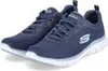 A pair of blue Skechers sneakers on a white background. Voir les images du produit