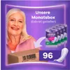 An advertisement for Always Discreet sanitary pads, showing a happy elderly woman, a delivery box, and several packages of the product. Produktbild-Vorschau