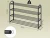 A 4-tier black metal shoe rack with dimensions indicated by measurement lines and text. A close-up view of the metal tubing is also shown with its diameter. Produktbild-Vorschau