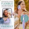 Collage of images showing a purple phone case, a woman holding a phone with the case, a woman and a dog, and a phone case in a pocket. Produktbild-Vorschau