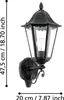 A black and silver outdoor wall lamp with a transparent glass shade and a visible light bulb, shown with measurement indicators. Anteprima dell’immagine prodotto
