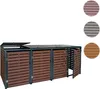 A three-bin trash enclosure with wooden-look slats and metal framing, shown outdoors against a white background. The lids are open on one bin and closed on the others. Small circular swatches showing different color options are displayed in the upper right Produktbild-Vorschau