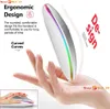A hand holding a white ergonomic mouse with colorful LED lights. Produktbild-Vorschau