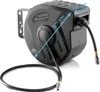 A black air hose reel is mounted on a wall bracket, with a hose extending from it. Blue arrows indicate dimensions of 27 cm and 15 cm. Anteprima dell’immagine prodotto