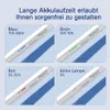 Four panels showing a stylus pen with different battery indicator lights and corresponding text descriptions in German. Produktbild-Vorschau