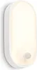 A white LED wall light with a motion sensor is mounted on a white wall. Produktbild-Vorschau