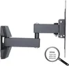 A black, articulated TV wall mount is shown against a white background. A magnifying glass highlights a VESA mounting standard specification. Produktbild-Vorschau