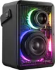 A black portable speaker with colorful LED lights visible through a transparent front panel. Produktbild-Vorschau
