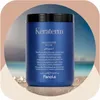 A blue tub of hair mask is shown in a circular frame with a beach and ocean background. Podgląd zdjęcia produktu