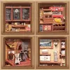 A collage of four framed images, each depicting a miniature diorama of a cafe scene. Náhled obrázku produktu