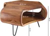 A wooden coffee table with metal legs, shown with dimensions indicated by text overlays. Produktbild-Vorschau