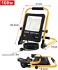 A product image showing a 100W LED work light with dimensions and a coiled power cord. A second image shows the light folded for storage. Produktbild-Vorschau