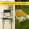 A split image showing two chairs with cushions, one indoors and one outdoors, with a marketing banner at the top. Produktbild-Vorschau