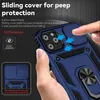A hand holding a blue phone case with a sliding camera cover and a ring stand. Produktbild-Vorschau