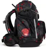 A black and gray backpack with red geometric patterns and a circular dragon emblem on the side. Anteprima dell’immagine prodotto