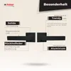 A marketing image showcasing two black door handles with descriptive text highlighting their features. Produktbild-Vorschau