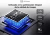 A close-up of a processor chip with glowing blue lights, surrounded by marketing text and icons. Produktbild-Vorschau