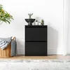 A black shoe cabinet with two flip-out drawers is shown against a white wall. A woven basket with blankets and pillows is to the left, and a plant is on top of the cabinet. Produktbild-Vorschau
