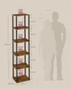 A product image showing a tall, narrow shelf unit with six shelves. A silhouette of two people is placed next to the shelf to indicate scale. Dimensions and weight capacity per shelf are shown. Produktbild-Vorschau