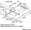 Technical drawing with dimensions of a range hood. Voir les images du produit