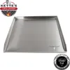A stainless steel griddle plate for a gas grill, shown from a slightly elevated front-left angle on a white background. There are two logos present. Produktbild-Vorschau