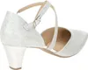 A side view of a single silver glitter shoe with a block heel and ankle strap. Voir les images du produit