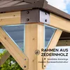 Close-up of the wooden frame and metal connectors of a gazebo, with a blue overlay highlighting structural elements and text describing the material. Produktbild-Vorschau