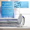 A promotional image showing a travel iron next to a stack of folded clothes, with comparison images of wrinkled and ironed fabric. Podgląd zdjęcia produktu