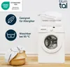 A white washing machine with folded white bedding on top, next to laundry icons and a basket of laundry. Produktbild-Vorschau