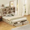 A bedroom scene with a bed featuring a bookshelf headboard and storage drawers. Produktbild-Vorschau