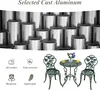 A top section shows a background of stacked aluminum cylinders, and the bottom section displays a bistro set with two chairs and a table, along with icons and text describing product features. Podgląd zdjęcia produktu