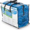 A blue plastic bag containing a folded pool cover, with product information printed on the front. Voir les images du produit