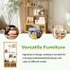 A collage of images showcasing a wooden bookshelf and its various uses, with descriptive text. Produktbild-Vorschau