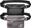 Two Spigen waterproof waist bags are shown against a white background. The top bag is black and opaque, while the bottom bag is translucent gray and shows some contents like money and glasses. Produktbild-Vorschau