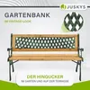 A garden bench with a decorative backrest, presented with marketing text and a close-up detail of the backrest pattern. Podgląd zdjęcia produktu
