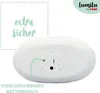 The back of a white, oval-shaped product, likely a night light, is shown with a battery compartment. Text overlays highlight features. Voir les images du produit