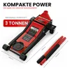 A red and black hydraulic car jack is shown with dimensions and text overlays indicating its capacity and features. Produktbild-Vorschau